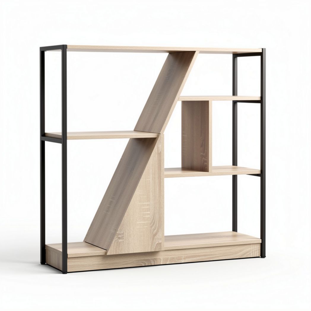 Libreria in legno naturale e metallo nero 100 x 30 x 90cm per arredamento moderno