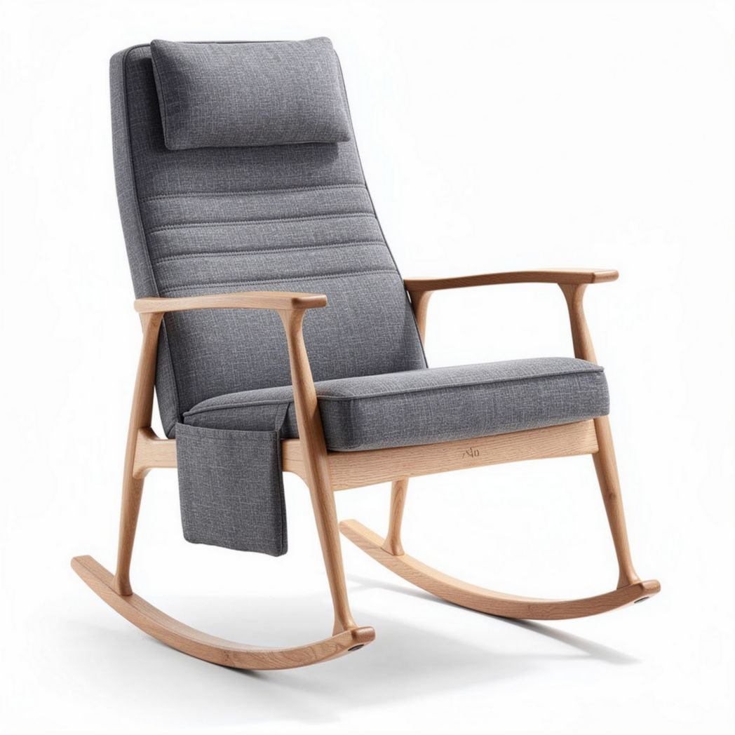 Sedia a dondolo in legno e tessuto grigio con cuscino 85 x 65 x 100cm