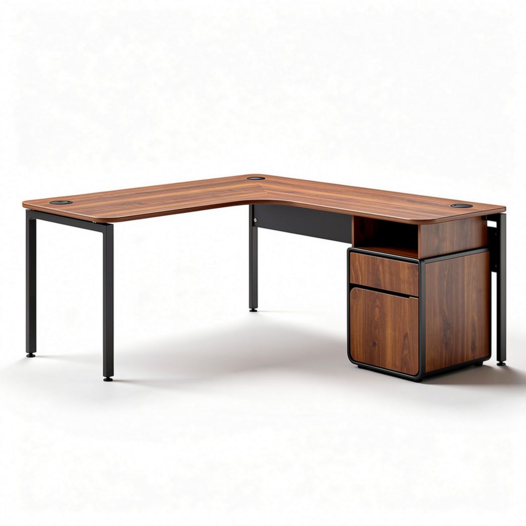 Scrivania angolare in legno e metallo con cassetto 150 x 70 x 75cm